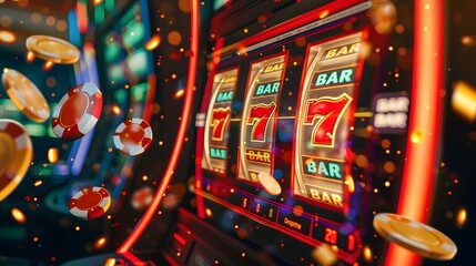 Slot Machine Jackpot: A slot machine displaying a winning combination, coins and lights celebrating the jackpot. 
