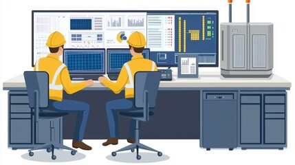 Two men in yellow safety vests are sitting at a computer desk