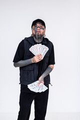 A hardworking but flashy hustler showing off some cash. Bragging about potential earnings....