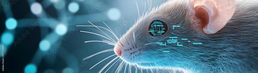 Poster close up of lab rat s eye with overlaid data visualizations symbolizing genetic research and bioinfo