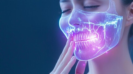 Girl holding her cheek in pain, tooth x-ray superimposed over her face, dental pain, x-ray concept