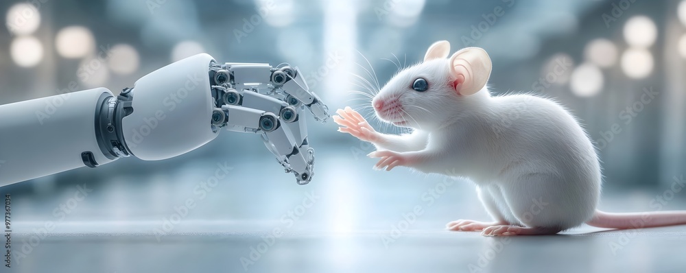 Poster robotic arm interacting with curious laboratory rat in modern research setting