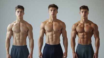 Three men with muscular bodies stand side by side
