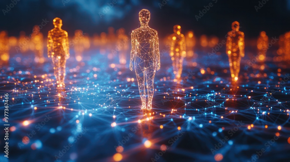 Poster A group of people are standing in a field of lights