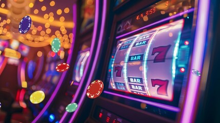 Slot Machine Jackpot: A slot machine displaying a winning combination, coins and lights celebrating the jackpot. 
