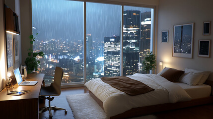 A cozy, modern bedroom with a cityscape view.