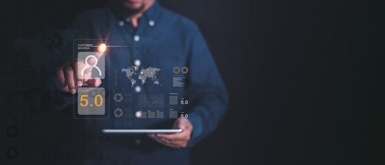 A businessmen professional interacts with a digital display, showcasing data analytics and technology in a modern, dark environment.