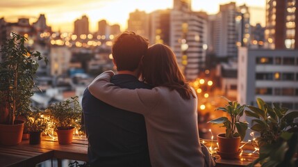 Fototapeta premium A couple enjoys a cozy moment on a terrace, captivated by a sunset city skyline and cups of coffee.