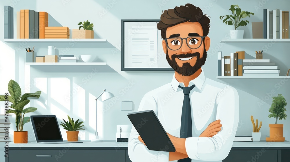 Poster A man is smiling and holding a tablet in front of a desk with a lot of books