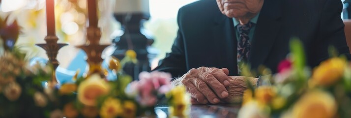 Close up of a compassionate bereavement coordinator assisting a grieving family during a memorial service in a serene setting
