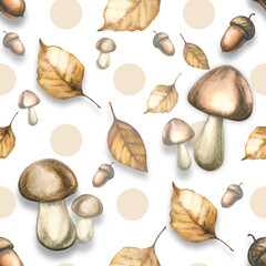 Watercolor pattern for fabrics, background with mushrooms, acorns and leaves. Beautiful seamless pattern on a white background in autumn theme