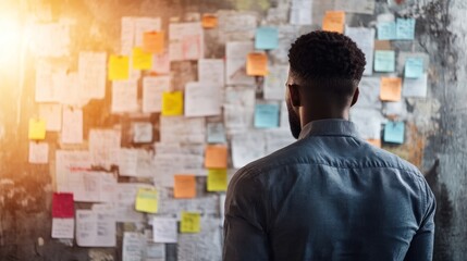 A person observing a wall filled with notes and ideas, representing creativity, inspiration, and planning in a workspace.