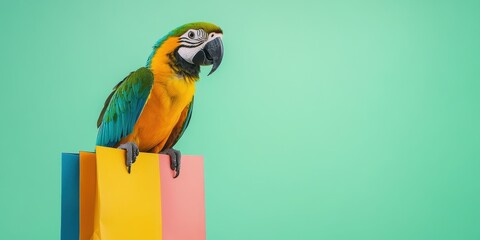 Vibrant Parrot Perched on Colorful Shopping Bag Against Green Background