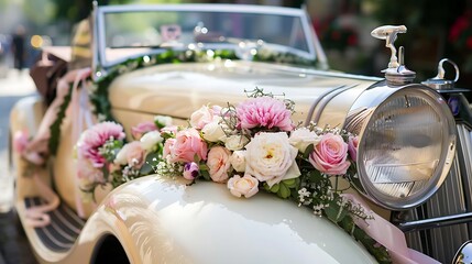 Vintage wedding car decorated with elegant pink and white flowers