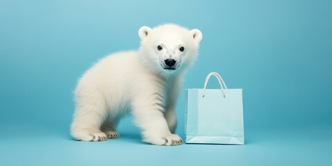 Curious Polar Bear Cub near Shopping Bag on Icy Blue Background