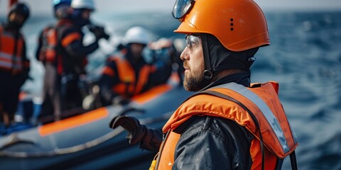 Professional coast guard conducting rescue operations on a boat in rough waters during daylight hours
