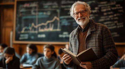World Teachers' Day. The teacher stands in front of the class with a kind smile, holding a book or chalk in his hands. Formulas, diagrams, or inspirational quotes are written on the board behind it