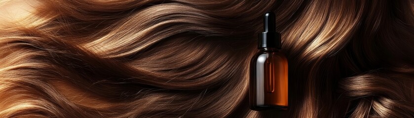 Fototapeta premium Luxurious hair with a nourishing oil bottle, perfect for beauty and hair care themes, highlighting shine and health.