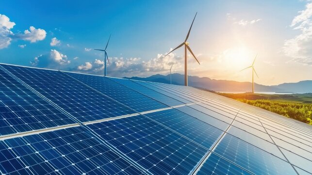 A solar farm with three wind turbines and a bright sun in the background