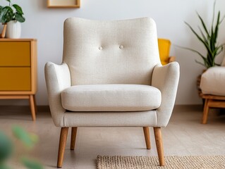 Vintage armchair reupholstered with ecofriendly fabric, set in a cozy living room with reclaimed wood furniture, sustainable home design