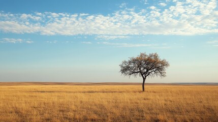 Obraz premium A solitary tree stands against a vast field of dry grass, evoking themes of endurance and isolation.