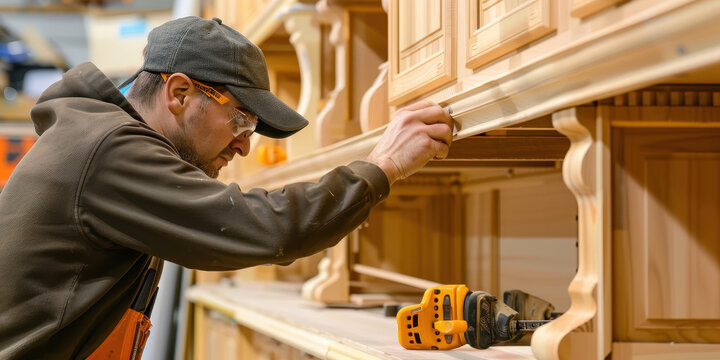 Professional furniture assembler working on cabinetry in a workshop, focusing on details with precision tools during daylight