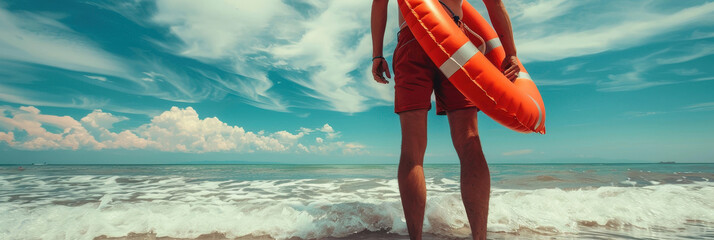 Professional lifeguard monitoring beachgoers while standing by the ocean waves on a sunny day