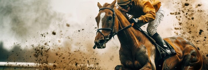 Naklejka premium A dynamic jockey racing on a spirited horse during a thrilling dirt track competition at sunset