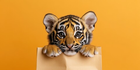Fototapeta premium Curious Tiger Cub Popping Out of Shopping Bag on Vibrant Orange Background