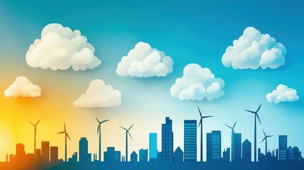 Fototapeta premium A city skyline with many wind turbines and a blue sky