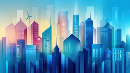 Obraz premium A cityscape with tall buildings and a wind turbine in the background