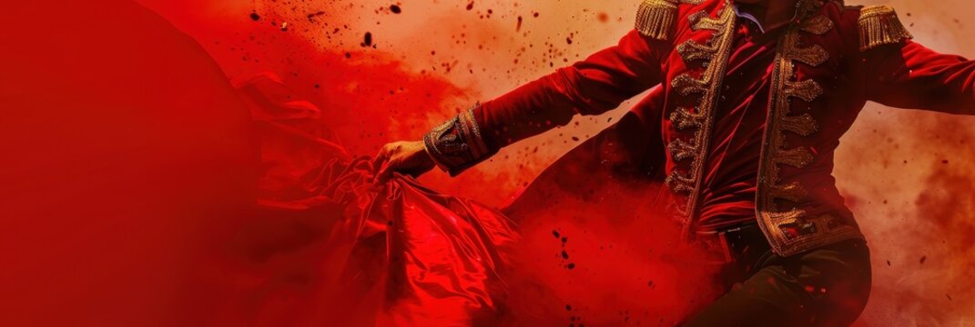 A skilled matador performs in a vibrant arena during a traditional bullfighting event, showcasing artistry and bravery in Spain