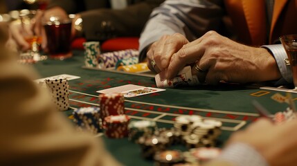 Shuffling Cards at Poker Table: A dealer shuffling cards with precision at a busy poker table, chips and drinks visible.
