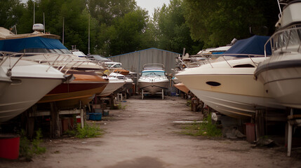 Fototapeta premium Boats on Stands in an Outdoor Yacht Garage, Vessel Maintenance and Storage