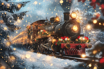 A festive steam train adorned with decorations travels through a snowy landscape.