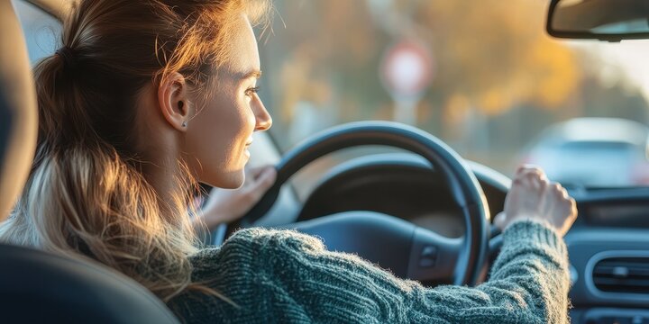 A woman learns to drive with guidance from a professional instructor on a sunny day in an urban setting