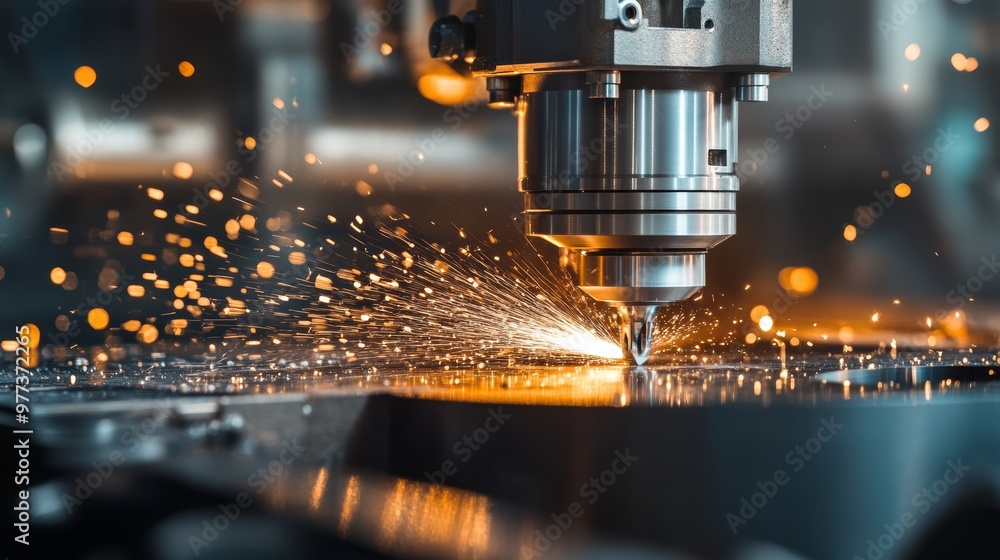 Aufkleber close-up of a precision laser cutting machine creating sparks while working on metal, showcasing tec