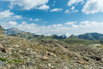 View from Colle Altare mountain pass in Alpi Graie mountains in Italy