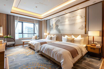 interior design of luxury hotel rooms, with two single beds and large windows, carpeted floors, beige walls, brown sofa chairs, modern lighting fixtures, Chinese style decoration