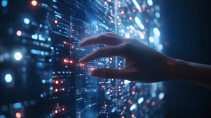 Abstract Hand Interacting with Digital Data Grid - Futuristic - Technology