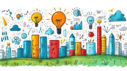 Fototapeta premium A drawing of a city with many buildings and a lot of light bulbs