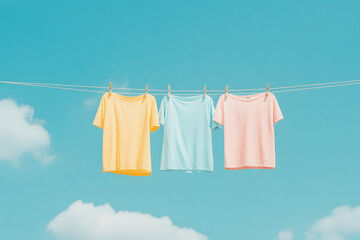 Clothes Hung by Pegs for Drying, Fresh Laundry on a Clothesline Outdoors