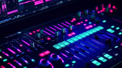 Music production software UI, dark mode with neon accents, customizable track layout, intuitive control knobs and sliders, sleek design
