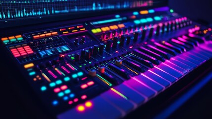 Music production software UI, dark mode with neon accents, customizable track layout, intuitive control knobs and sliders, sleek design
