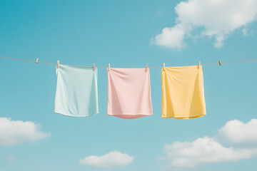 Clothes Hung by Pegs for Drying, Fresh Laundry on a Clothesline Outdoors