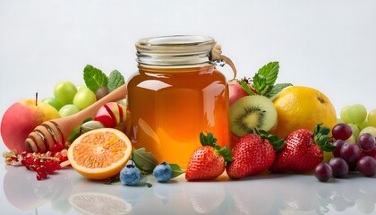 Jar of Honey and Fresh Fruits on a White Background