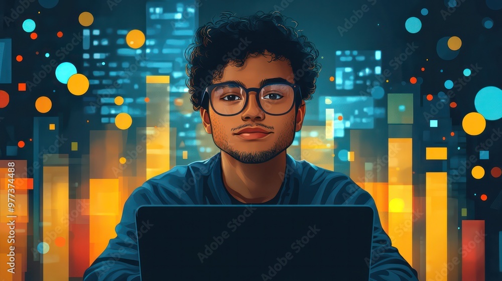 Poster a man is sitting in front of a laptop computer