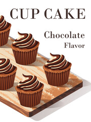 Realistic Vector Illustration of Chocolate Cupcakes with Swirl Icing on a Wooden Tray – Perfect for Bakery Menu Designs, Social Media Posts, Food-Themed Graphic Designs, and Dessert Branding Projects.