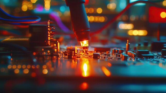 Close-up view of a glowing professional soldering iron and electronic components on a workbench, with blurred circuit boards in the background, highlighting the readiness for intricate soldering tasks