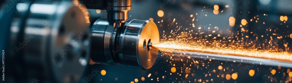 Aufkleber close-up of a machine tool producing sparks during metalworking in a workshop, showcasing precision 